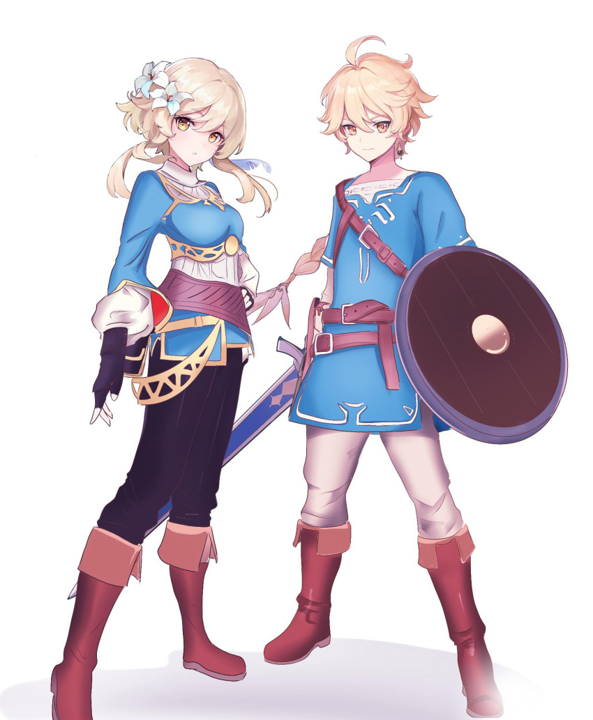 1boy, 1girl, :o, aether_(genshin_impact), ahoge, bad_link, bangs, belt