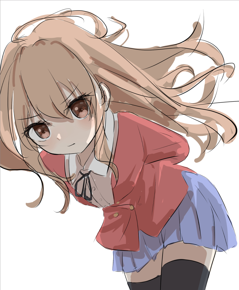 1girl, aisaka_taiga, arms_behind_back, bangs, black_legwear, black_ribbon, blazer, blue_skirt