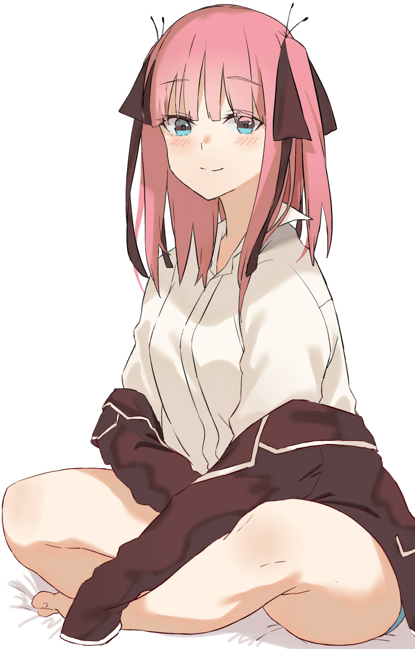 1girl, bangs, bare_legs, black_ribbon, blue_eyes, blue_shorts, blunt_bangs, blush