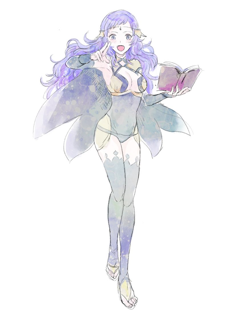 1girl, asymmetrical_bangs, bangs, bodystocking, book, breasts, bridal_gauntlets, cape, covered_navel, fire_emblem, fire_emblem_fates, full_body, grey_eyes, holding, holding_book, holding_weapon, long_hair, medium_breasts, ophelia_(fire_emblem), osca, pantyhose, purple_hair, thigh-highs, weapon