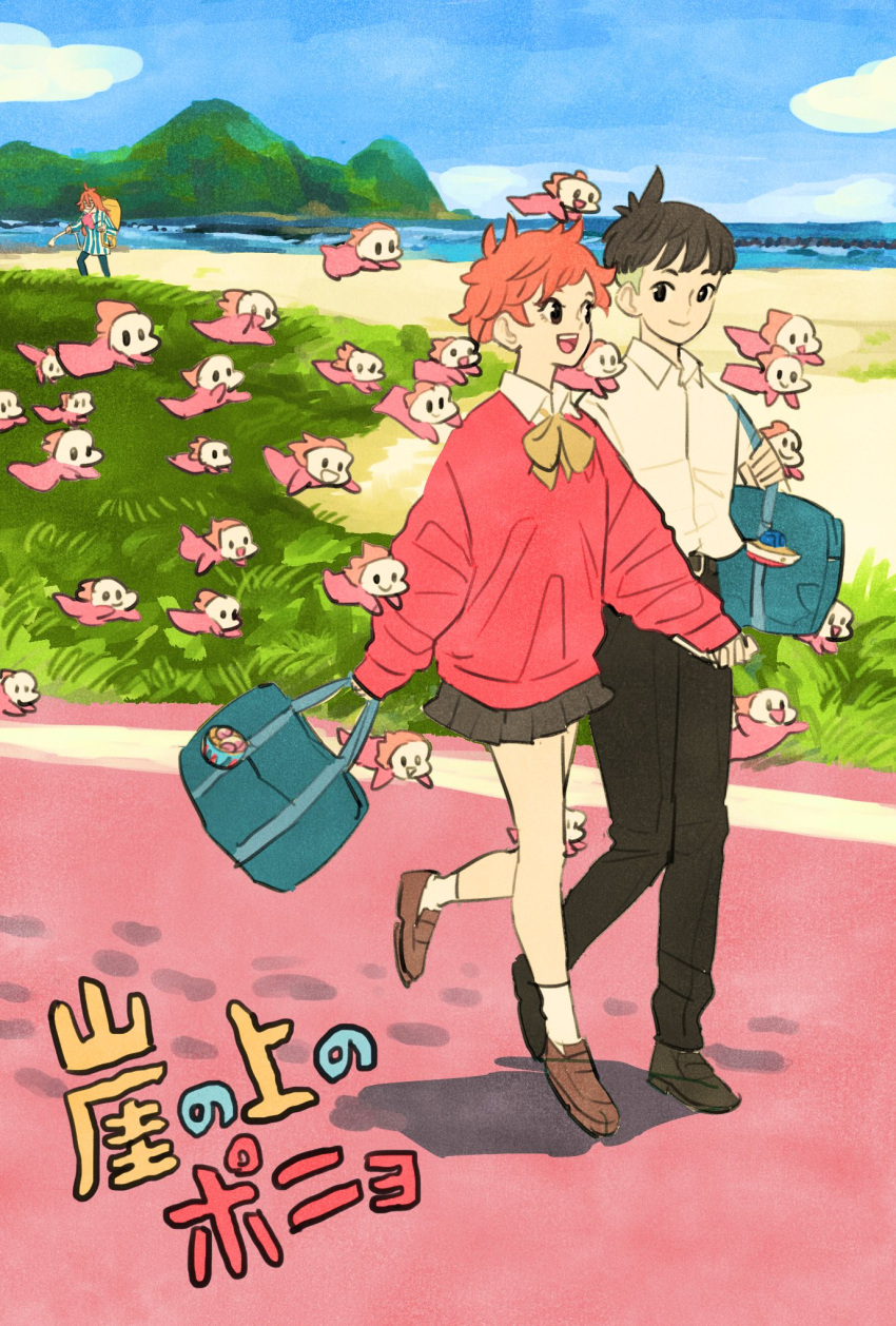 1girl, 2boys, 6+others, beach, brown_footwear, fujimoto_(ponyo), gake_no_ue_no_ponyo, highres
