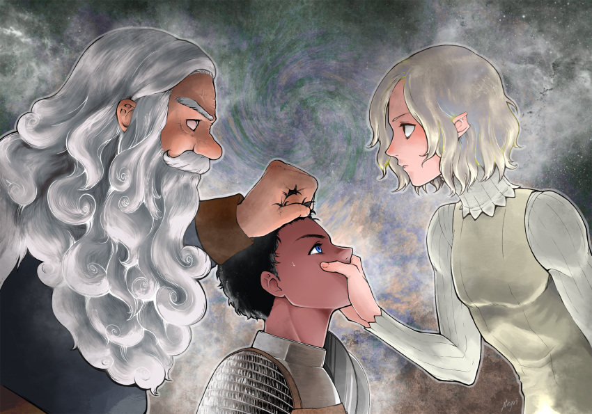 3boys, angry, armor, aura, beard, black_hair, blonde_hair, blue_eyes