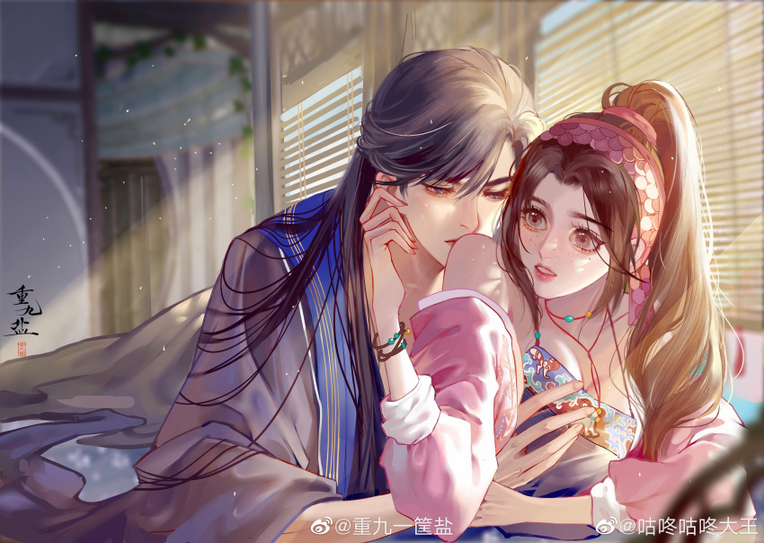 1boy, 1girl, absurdres, bare_shoulders, beads, bed, brown_hair, freckles, groping, gudong_gudong_dawang, hairband, hand_on_another's_face, highres, juan_siliang, kissing_shoulder, light_rays, ponytail, string, tu_li_(juan_siliang), window