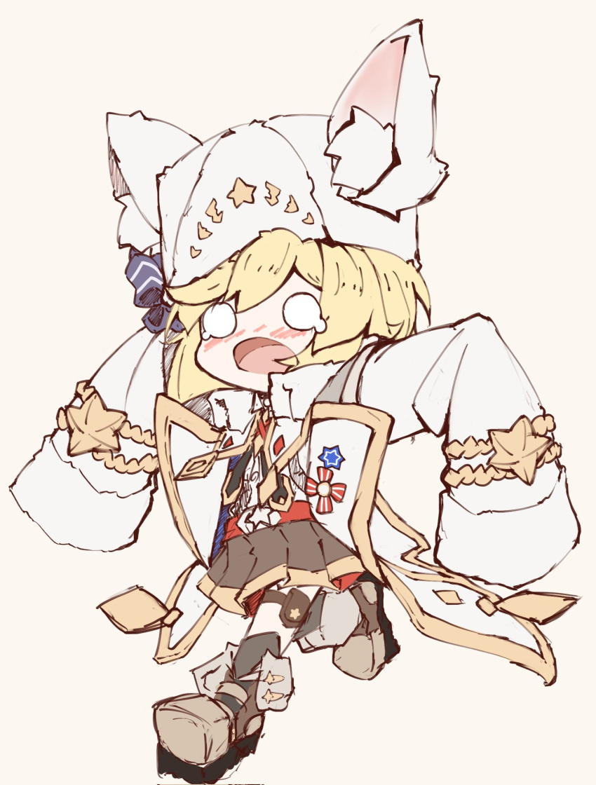 1girl, animal_ear_fluff, animal_hat, belt, black_legwear, blonde_hair, blush, boots