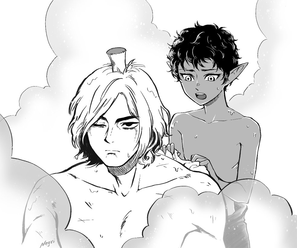 2boys, :|, alternate_race, bangs, bathing, closed_mouth, collarbone, dark-skinned_male
