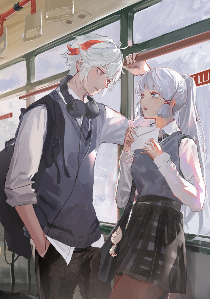1boy, 1girl, backpack, bag, bangs, black_bag, black_pants, black_skirt