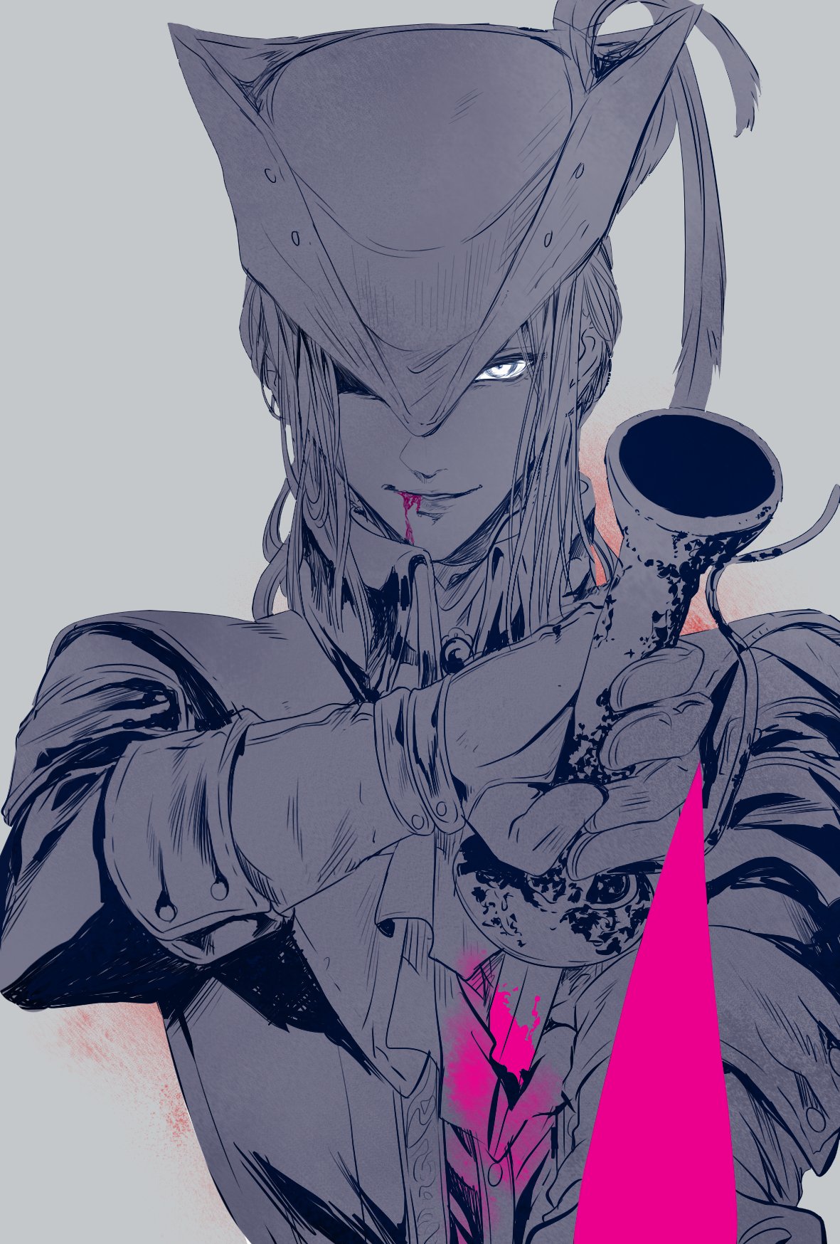 1girl, ascot, blood, blood_from_mouth, bloodborne, bonnet, gloves, glowing