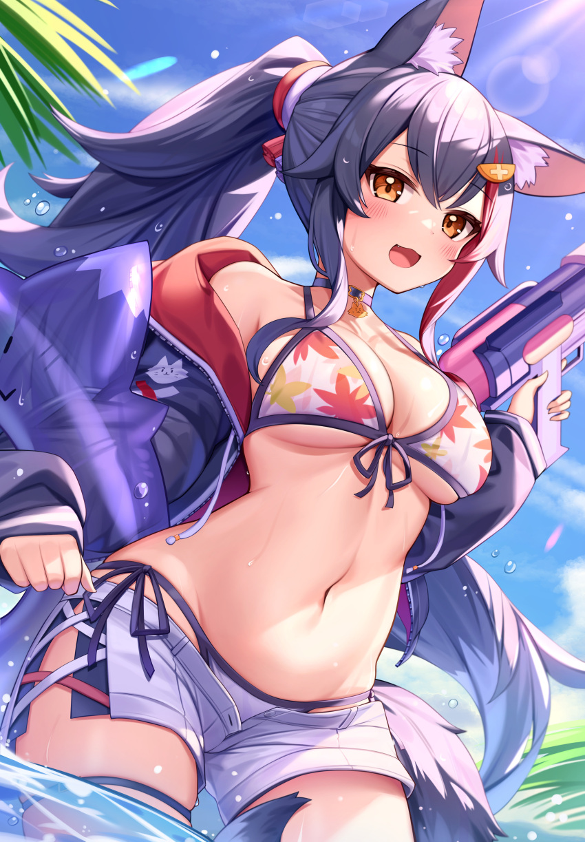 1girl, absurdres, animal_ear_fluff, animal_ears, bangs, bikini, bikini_under_clothes, black_choker