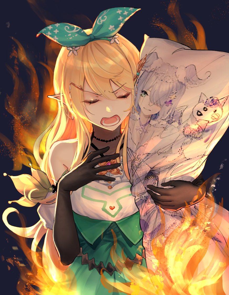 1girl, achi_rogercat, black_gloves, blonde_hair, chinese_commentary, closed_eyes, dakimakura_(object), elbow_gloves