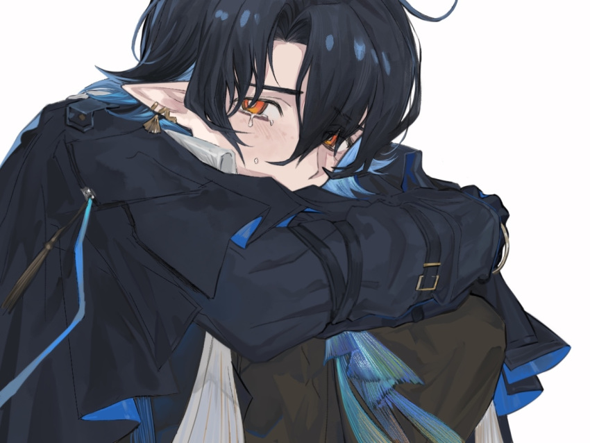 1boy, arknights, bangs, black_coat, black_hair, blue_hair, coat, crying