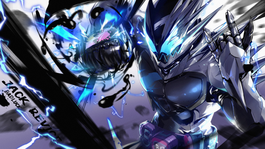 1boy, \m/, absurdres, armor, artist_name, badluck, belt, black_armor