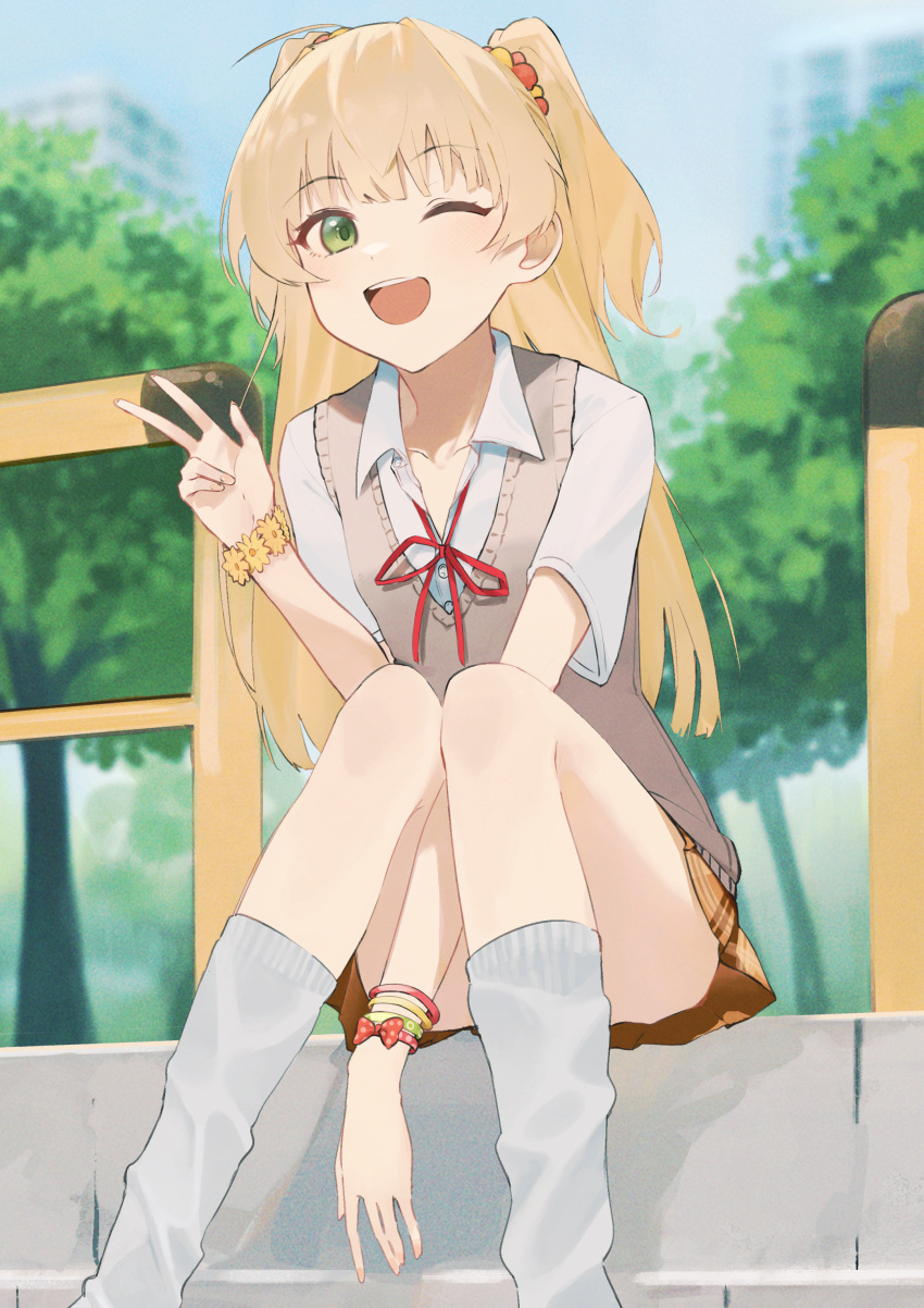 1girl, absurdres, bangs, between_legs, blonde_hair, blurry, blurry_background, blush