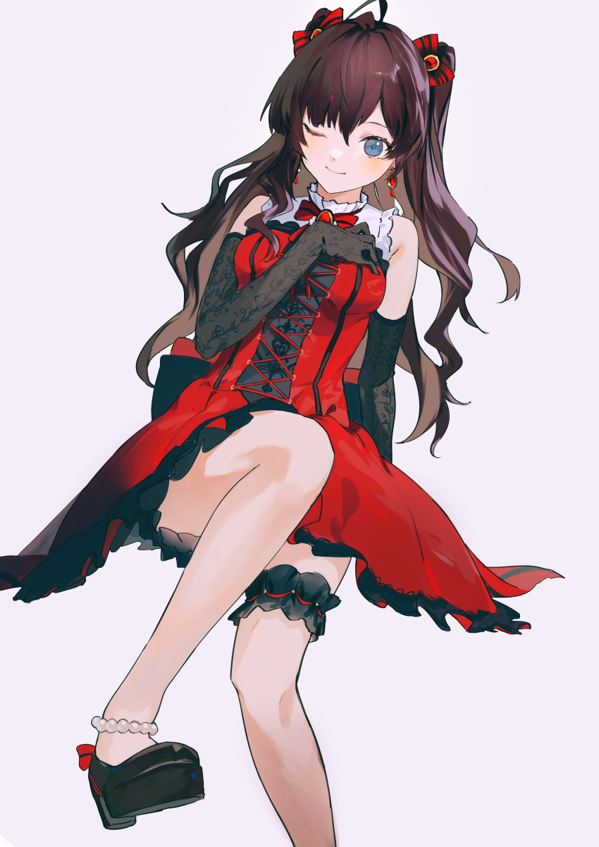 1girl, absurdres, ahoge, anklet, bangs, bare_shoulders, black_footwear, black_gloves