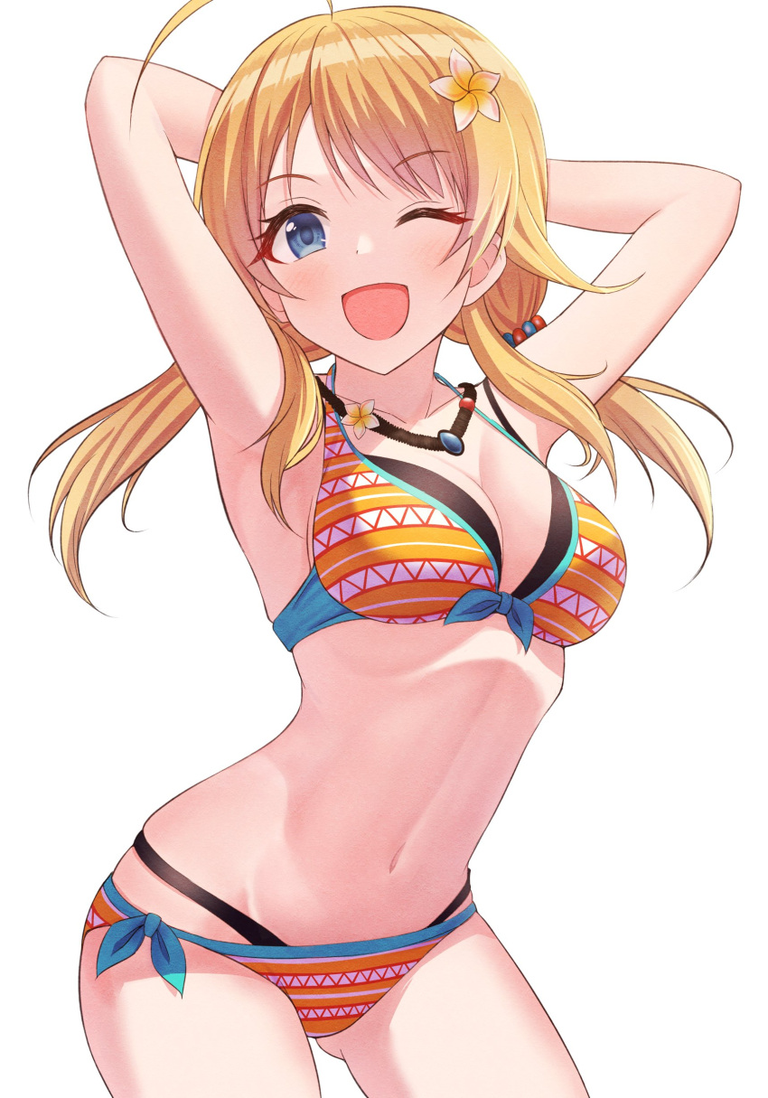 absurdres, ahoge, armpits, arms_behind_head, arms_up, bangs, bikini, blonde_hair