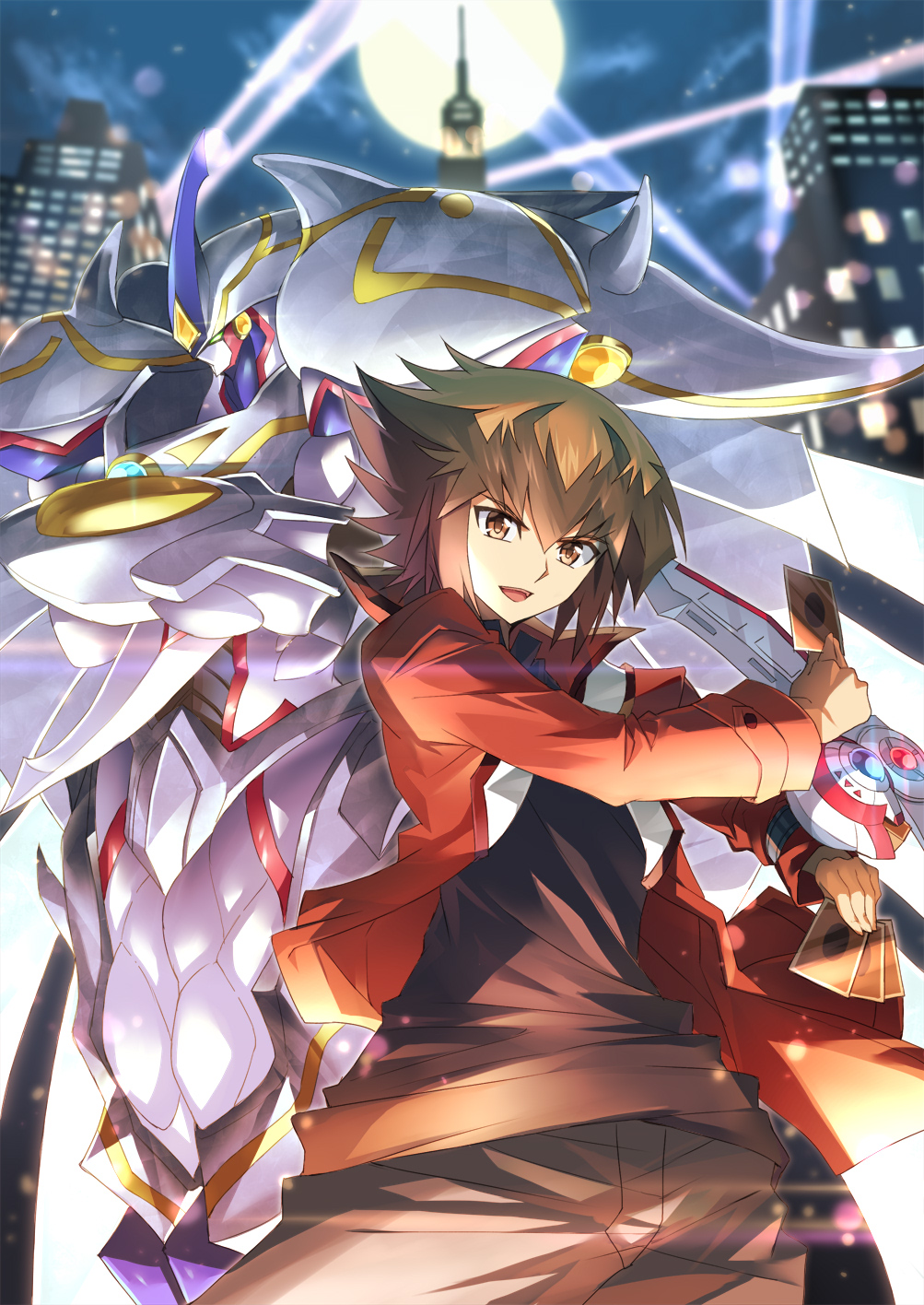2boys, bangs, black_shirt, brown_eyes, brown_hair, building, card, city, commentary, cropped_legs, crossed_arms, duel_academy_uniform_(yu-gi-oh!_gx), duel_disk, duel_monster, elemental_hero_shining_neos_wingman, green_eyes, high_collar, highres, holding, holding_card, horns, jacket, looking_at_viewer, male_focus, moon, multicolored_hair, multiple_boys, no_mouth, open_clothes, open_jacket, open_mouth, red_jacket, shirt, single_horn, tsuezu, two-tone_hair, wings, yu-gi-oh!, yu-gi-oh!_gx, yuuki_juudai