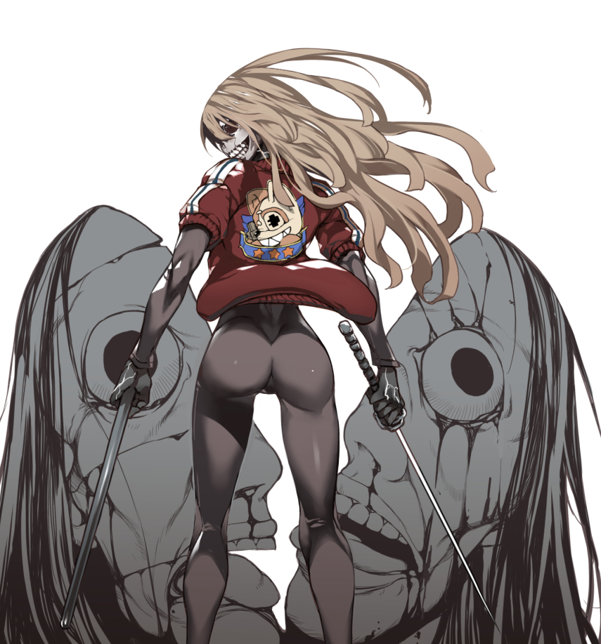 ass, bangs, black_bodysuit, black_skin, bodysuit, brown_hair, character_request, colored_skin