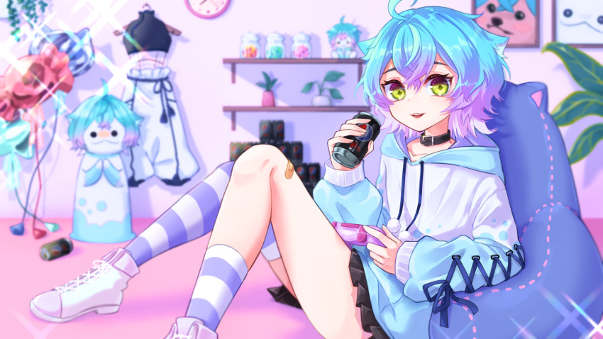 1boy, ass, balloon, blue_hair, blush, can, clock, collar, dress, green_eyes, highres, hood, hoodie, indie_virtual_youtuber, linechu, long_sleeves, male_focus, multicolored_hair, open_mouth, otoko_no_ko, short_hair, skirt, smile, socks, soda_can, virtual_youtuber, wavy_hair, yui_(yuuuuuui)