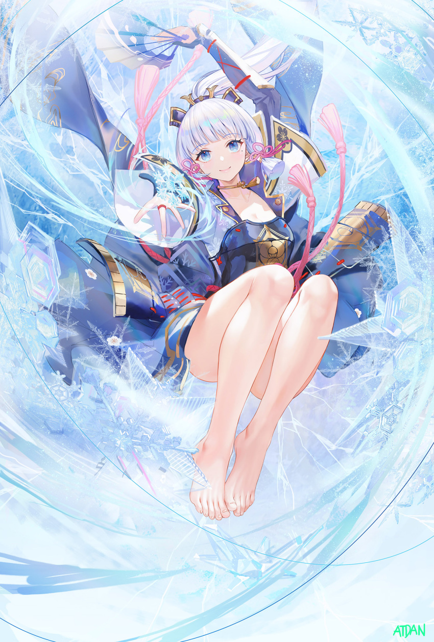 1girl, arm_up, armor, artist_name, atdan, bangs, bare_legs, barefoot