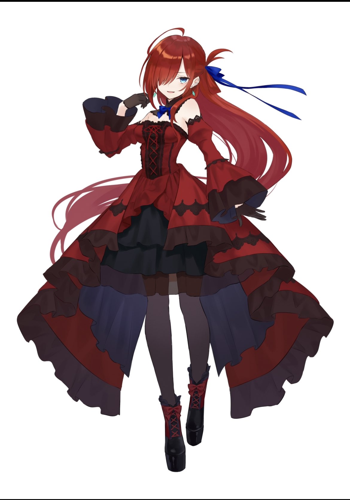 1girl, azuuru, bangs, black_gloves, blue_eyes, cabbie_hat, cup, dress, full_body, gloves, hand_on_own_neck, hat, highres, holding, holding_cup, inori_no_kuni_no_riviere, jacket, jewelry, long_dress, long_hair, long_sleeves, looking_at_viewer, novel_illustration, official_art, one_eye_closed, open_clothes, open_jacket, open_mouth, pants, plate, porcelain, red_dress, redhead, riviere_(inori_no_kuni_no_riviere), shiny, shiny_hair, shirt, short_hair, simple_background, smile, transparent_background