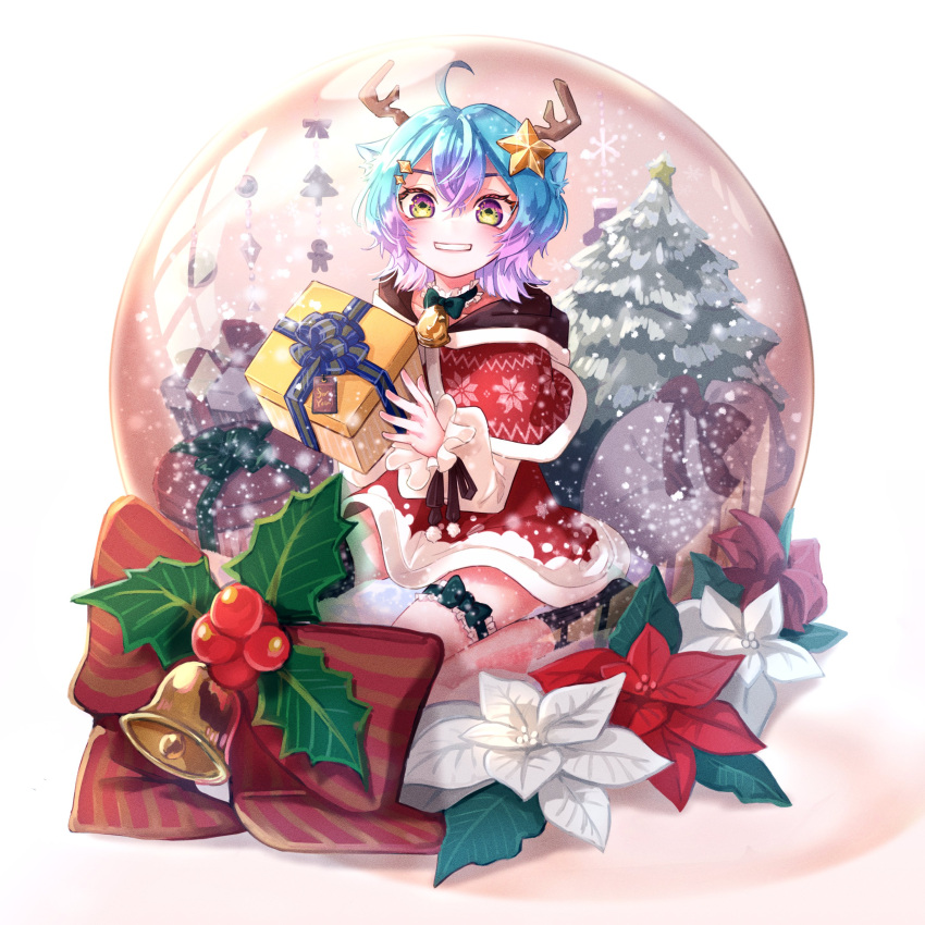 1boy, absurdres, artist_request, bell, blue_hair, bow, bowtie, christmas