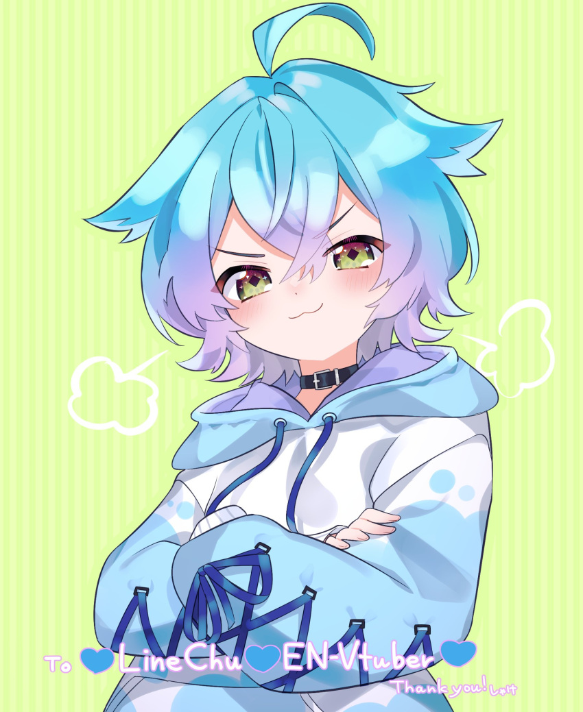 1boy, artist_request, blue_hair, blush, closed_mouth, green_background, green_eyes, highres