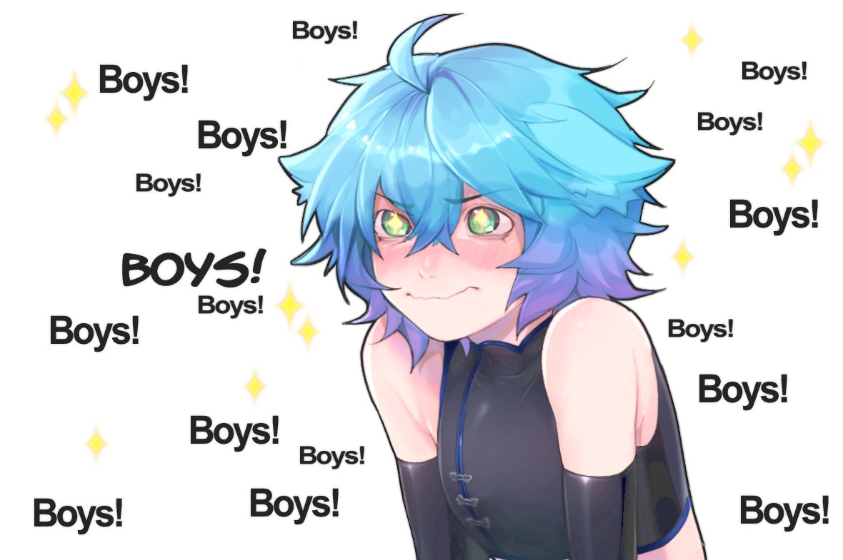 1boy, angry, artist_request, bare_shoulders, blue_hair, breasts, closed_mouth, crop_top