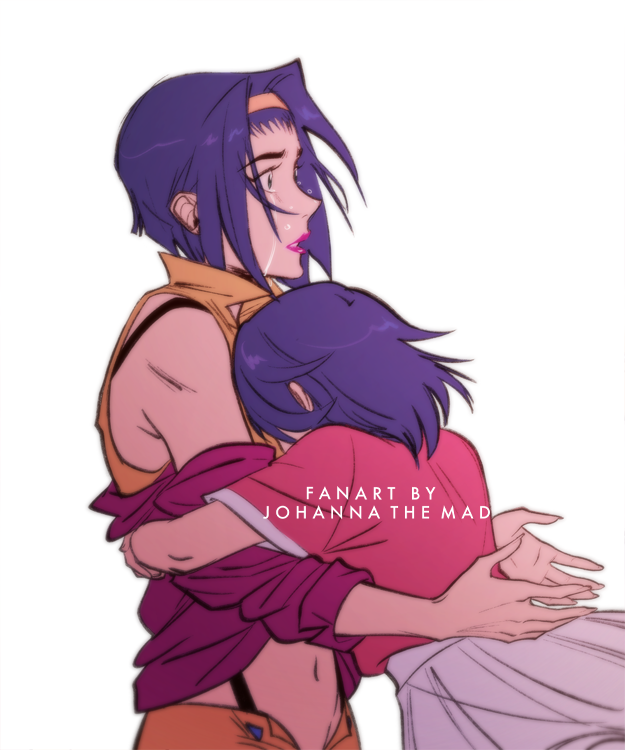 2girls, bad_source, cowboy_bebop, crying, dual_persona, faye_valentine, hairband, hug