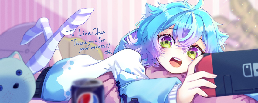 1boy, blue_hair, can, commission, green_eyes, highres, hood, hoodie