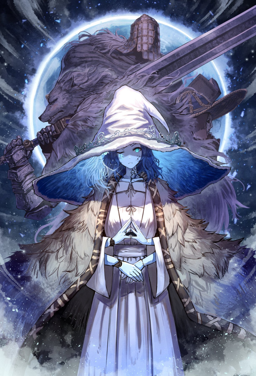 1girl, 2boys, animal_head, armor, bangs, blaidd_the_half-wolf, blue_hair, cape