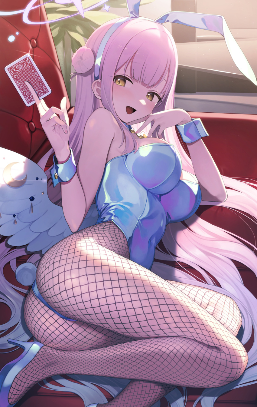1girl, :d, angel_wings, animal_ears, ass, bare_shoulders, blue_archive, blue_leotard