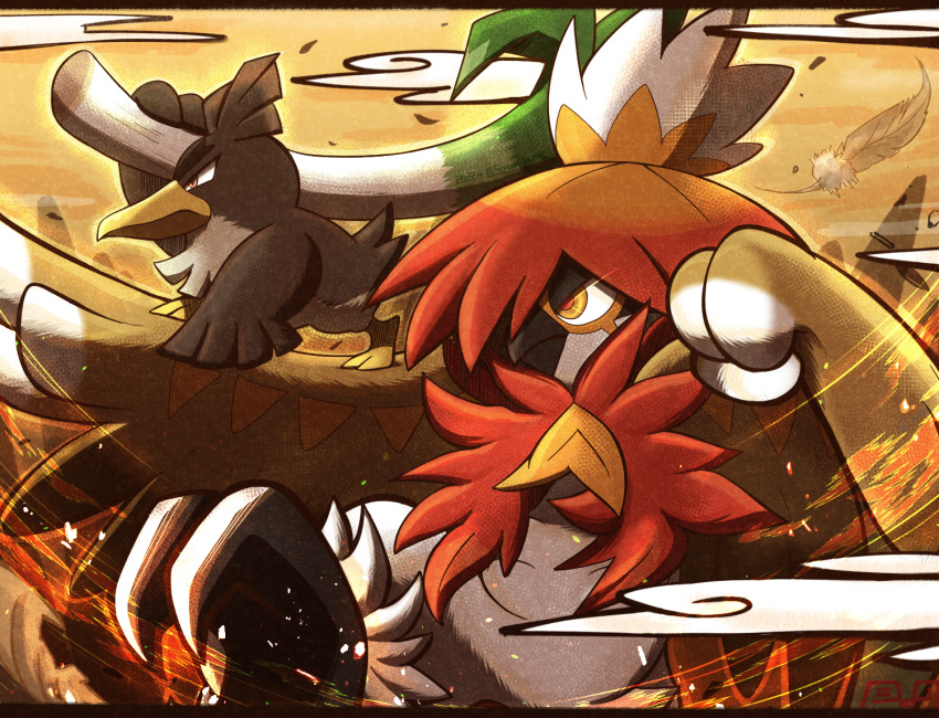 bird, closed_mouth, commentary_request, eye_trail, feathers, from_side, galarian_farfetch'd, hisuian_decidueye, holding, leek, no_humans, orange_eyes, orange_pupils, pokemon, pokemon_(creature), shuri_(syurigame), smoke, yellow_eyes