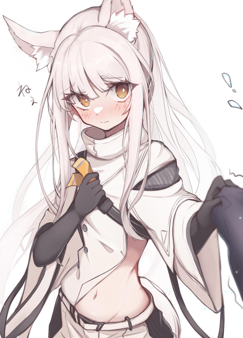 !, 1girl, animal_ear_fluff, animal_ears, arknights, brown_eyes, clothes_pull, embarrassed