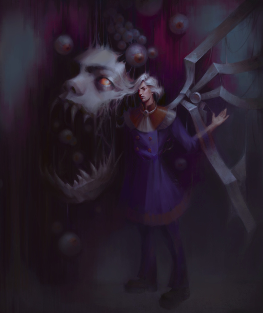 1boy, black_footwear, buttons, claws, closed_mouth, coat, colored_sclera, commentary, darkness, double-breasted, english_commentary, floating_eye, full_body, gmarion, highres, horror_(theme), kiel-d-01, long_hair, long_sleeves, looking_afar, male_focus, mask, monster, no_pupils, open_mouth, orange_sclera, pants, purple_coat, purple_pants, ragnarok_online, shoes, solo, standing, white_hair
