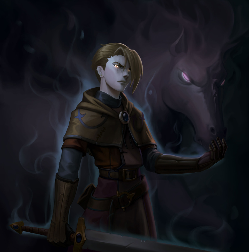 1boy, absurdres, aura, belt, black_sclera, blonde_hair, brooch, brown_capelet