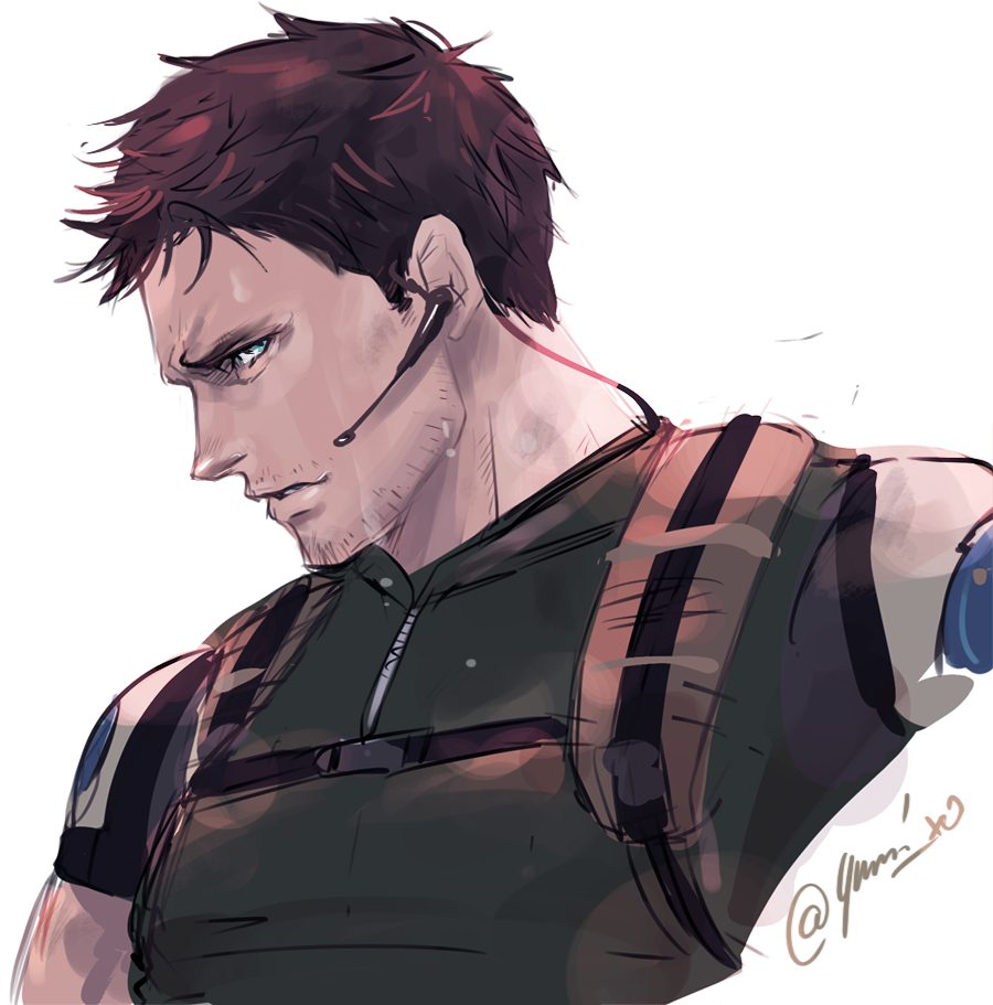 1boy, black_hair, blue_eyes, chris_redfield, facial_hair, green_shirt, headset, looking_at_viewer