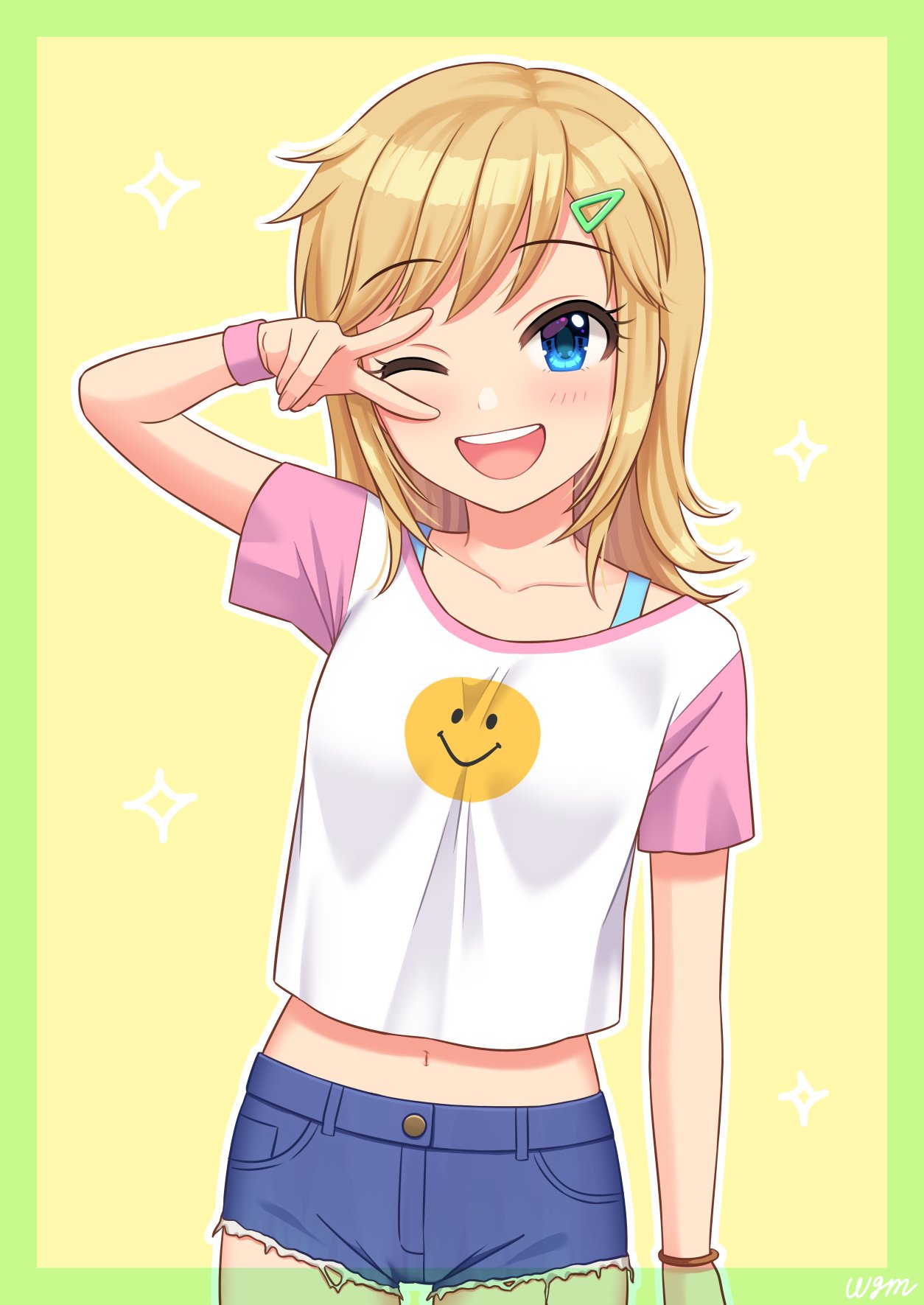 bangs, blonde_hair, blue_eyes, breasts, child, collarbone, commentary_request, commission, denim, denim_shorts, dot_nose, eyebrows_visible_through_hair, eyelashes, groin, hair_ornament, hairclip, hand_up, highres, idolmaster, idolmaster_cinderella_girls, light_blush, looking_at_viewer, midriff_peek, navel, ohtsuki_yui, one_eye_closed, open_mouth, pink_sleeves, print_shirt, shirt, short_hair, short_shorts, short_sleeves, shorts, sidelocks, skeb_commission, small_breasts, smile, smiley_face, solo, sparkle, t-shirt, teeth, thighs, upper_teeth, v, wgm_oekaki, white_shirt, wristband, yellow_background, younger
