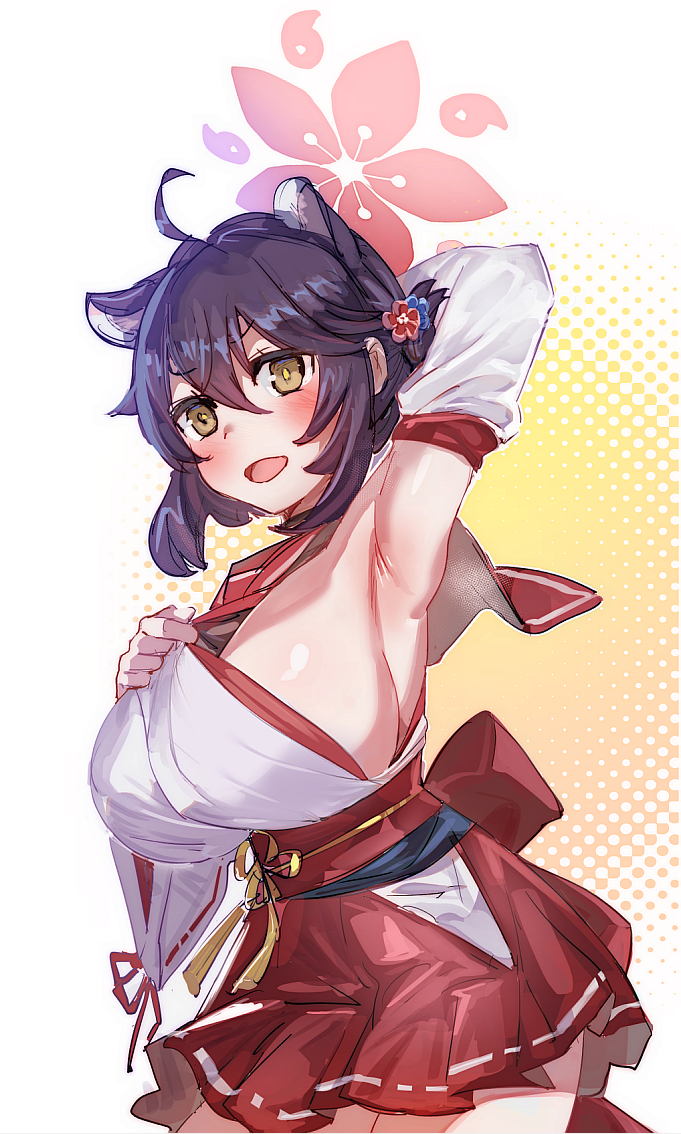 1girl, ahoge, animal_ears, arm_behind_head, armpits, black_hair, blue_archive, blush