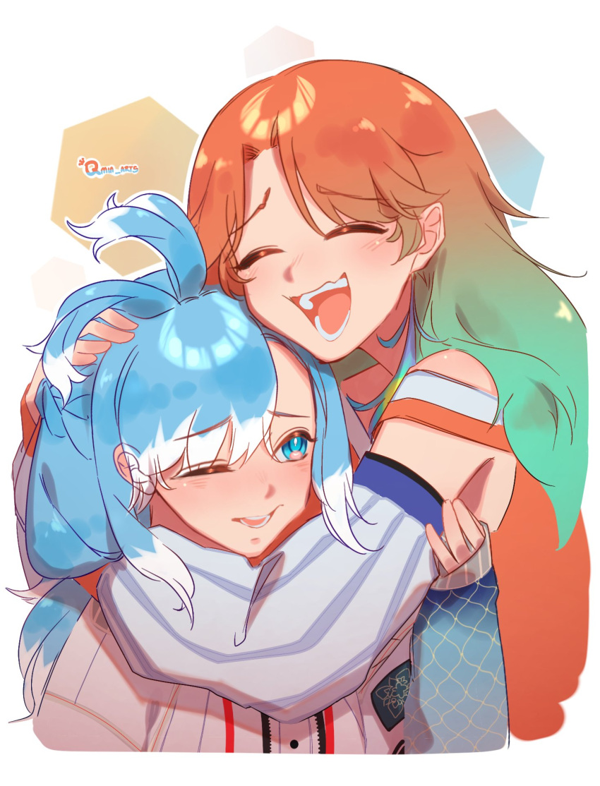 2girls, bangs, blue_eyes, blue_hair, blush, eyebrows_visible_through_hair, gradient_hair, highres
