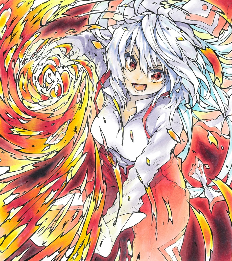 1girl, :d, baggy_pants, bangs, bow, collared_shirt, commentary, fire
