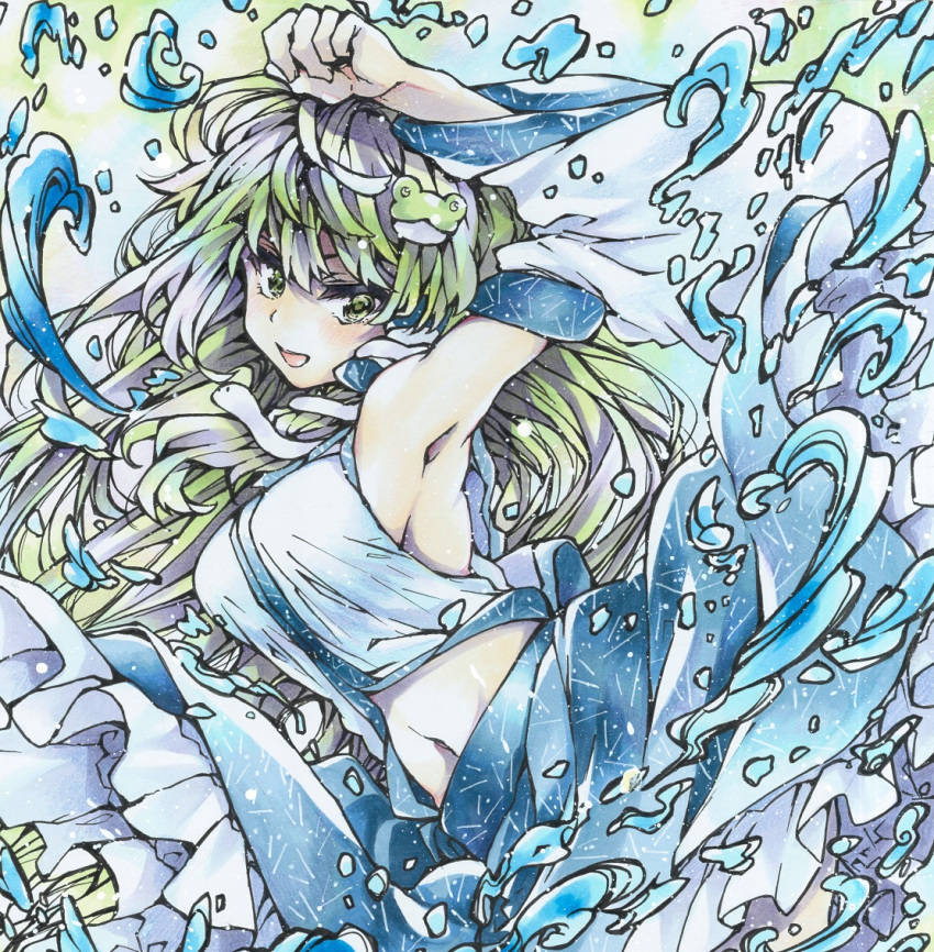 1girl, :d, armpits, bangs, blue_skirt, commentary, detached_sleeves, frog_hair_ornament
