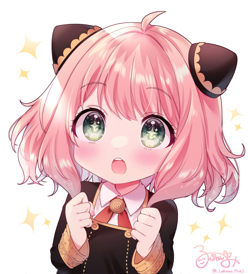 +_+, 1girl, ahoge, anya_(spy_x_family), artist_name, bangs, black_dress, blush, child, collared_shirt, commentary_request, dress, eyebrows_visible_through_hair, fingernails, green_eyes, hair_between_eyes, hair_ornament, hands_up, highres, long_fingernails, long_sleeves, looking_to_the_side, looking_up, nail_polish, nanase_(ribonshitoron), necktie, open_mouth, pink_hair, pink_nails, red_necktie, shirt, short_hair, signature, solo, spy_x_family, standing, star_(symbol), starry_background, teeth, tongue, white_background, white_shirt, wide_sleeves