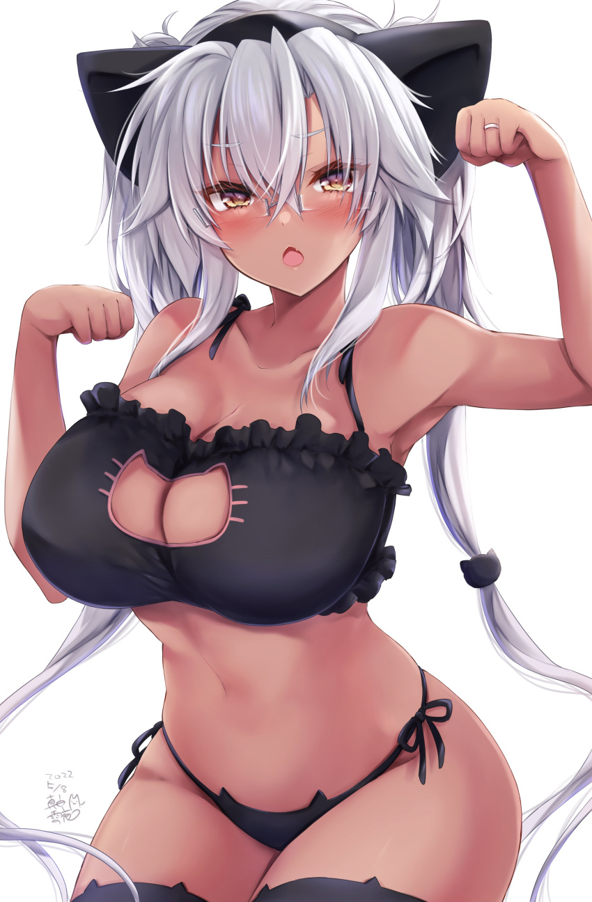 1girl, absurdres, animal_ears, black_bra, black_hairband, black_panties, bra, breasts