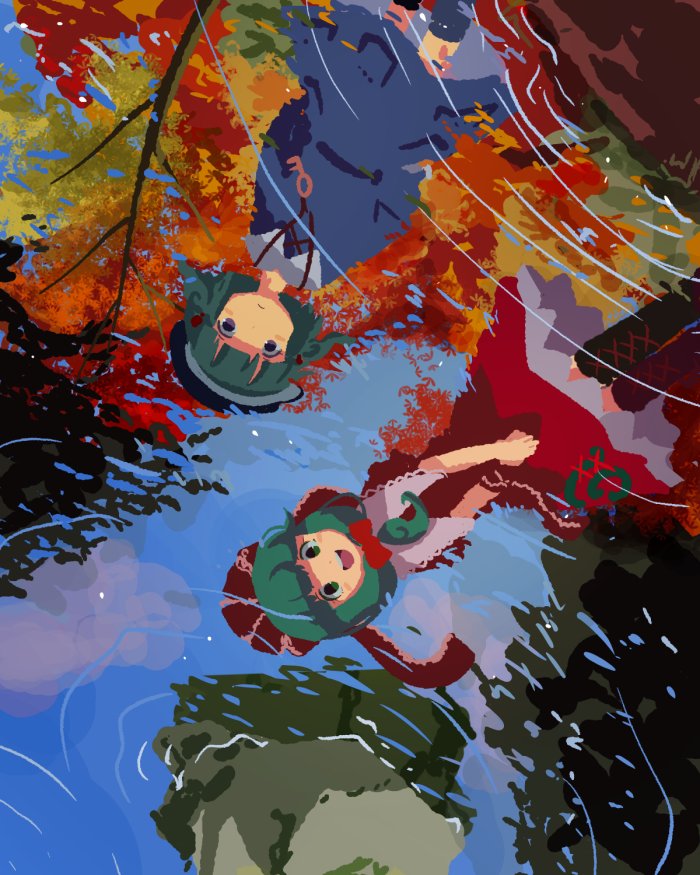 2girls, :d, autumn_leaves, blue_dress, blue_eyes, blue_headwear, blush, boots