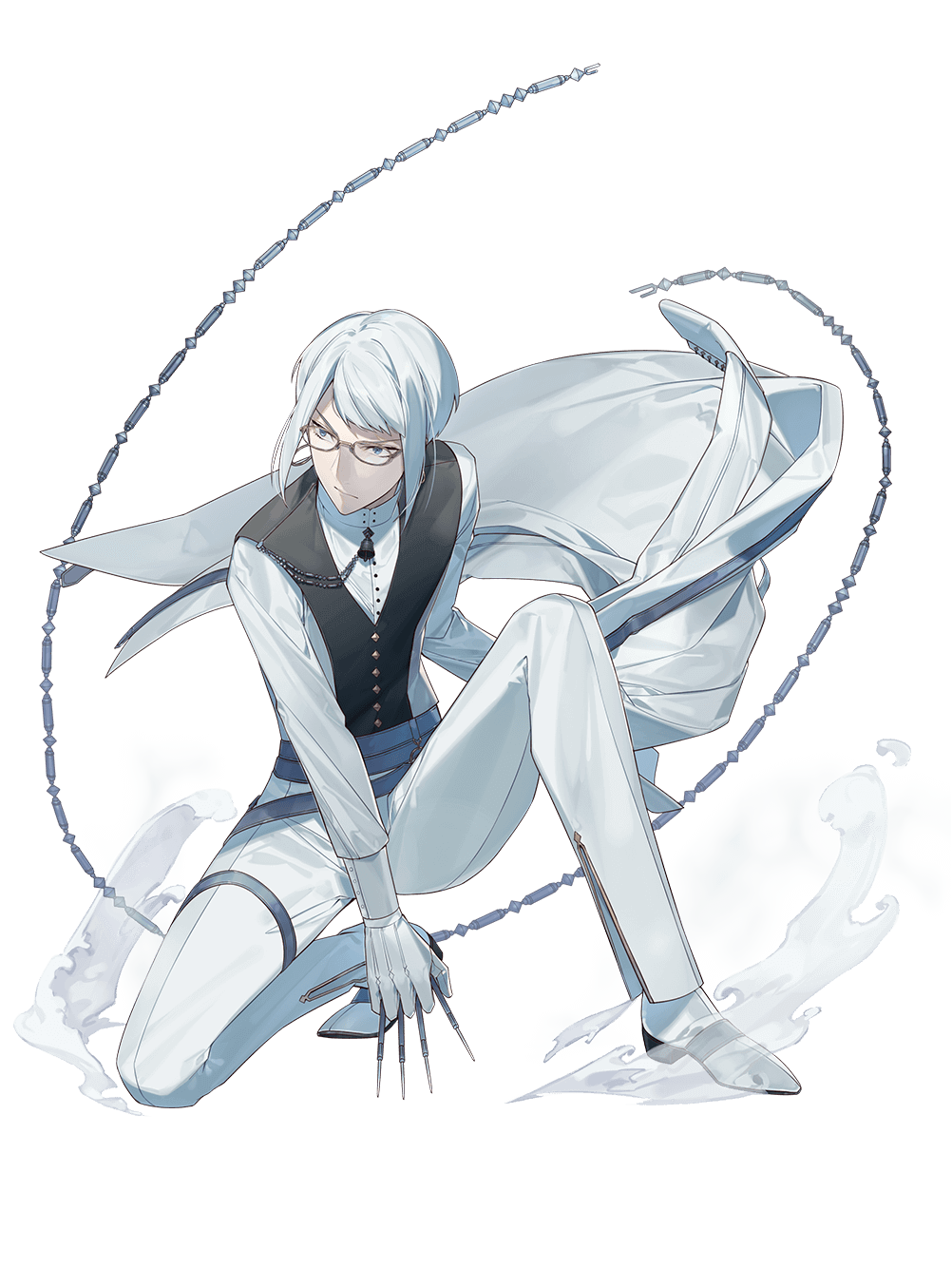 1boy, bell, belt, black_vest, blue_eyes, buttons, chain, closed_mouth