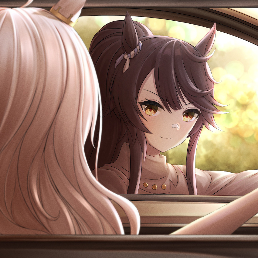 2girls, absurdres, animal_ears, biwa_hayahide_(umamusume), brown_eyes, brown_hair, car, closed_mouth, furious_7, ground_vehicle, high_ponytail, highres, horse_ears, horse_girl, long_hair, motor_vehicle, multiple_girls, narita_brian_(umamusume), parody, smile, sonicxeon, the_fast_and_the_furious, umamusume, white_hair