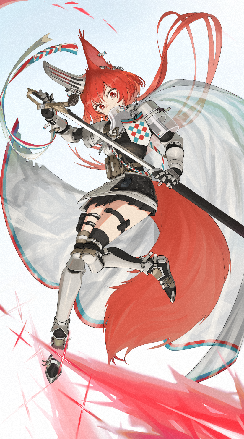 1girl, animal_ears, arknights, armor, cape, drawing_sword, flametail_(arknights), gauntlets