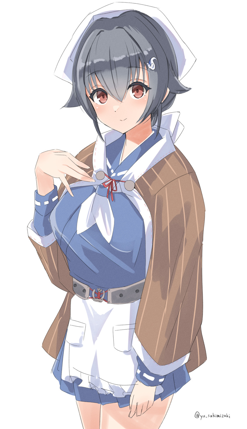 1girl, absurdres, apron, black_hair, blue_serafuku, blue_skirt, brown_shawl, cowboy_shot