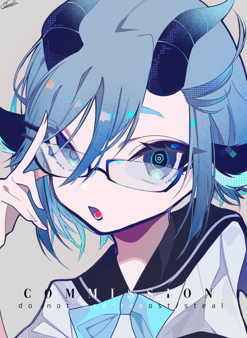 1girl, animal_ears, bangs, blue_eyes, blue_hair, clark_niel, close-up, commission
