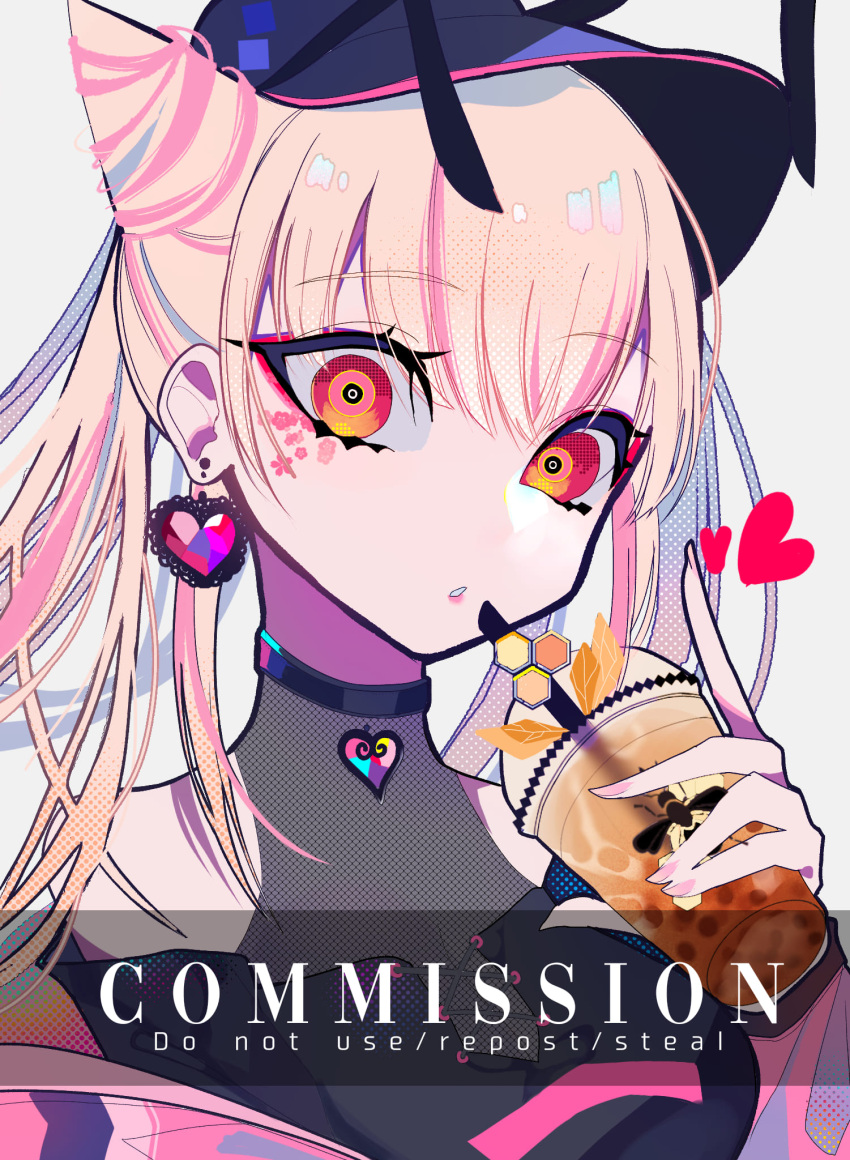 1girl, bangs, blonde_hair, bubble_tea, clark_niel, commission, earrings, facial_mark