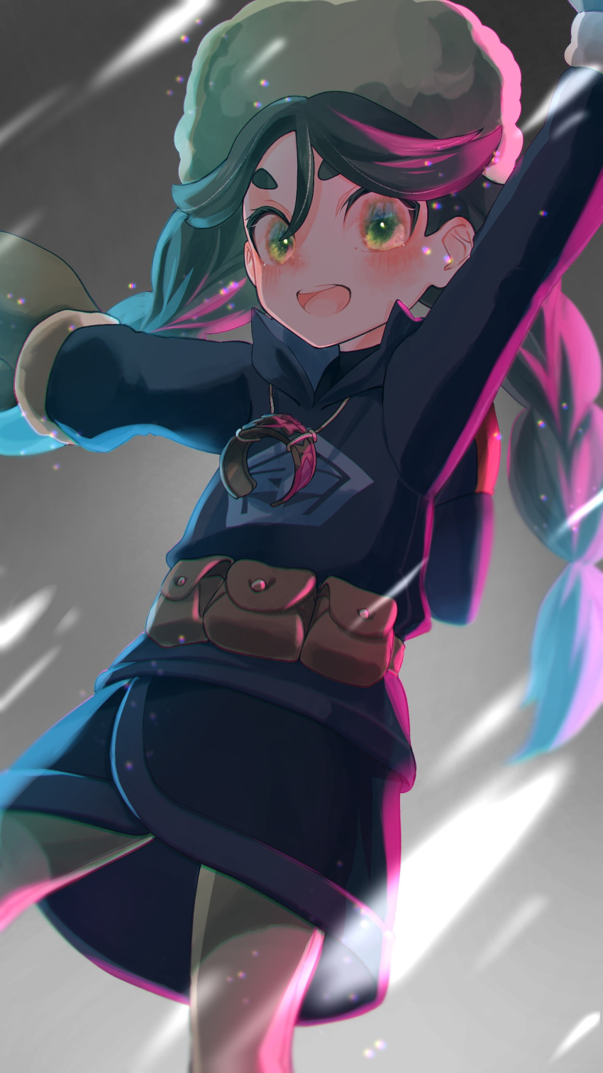 1girl, :d, arm_up, bangs, black_skirt, blush, braid, commentary_request